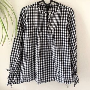 J Crew • Black Gingham Plaid Tie Sleeve Blouse